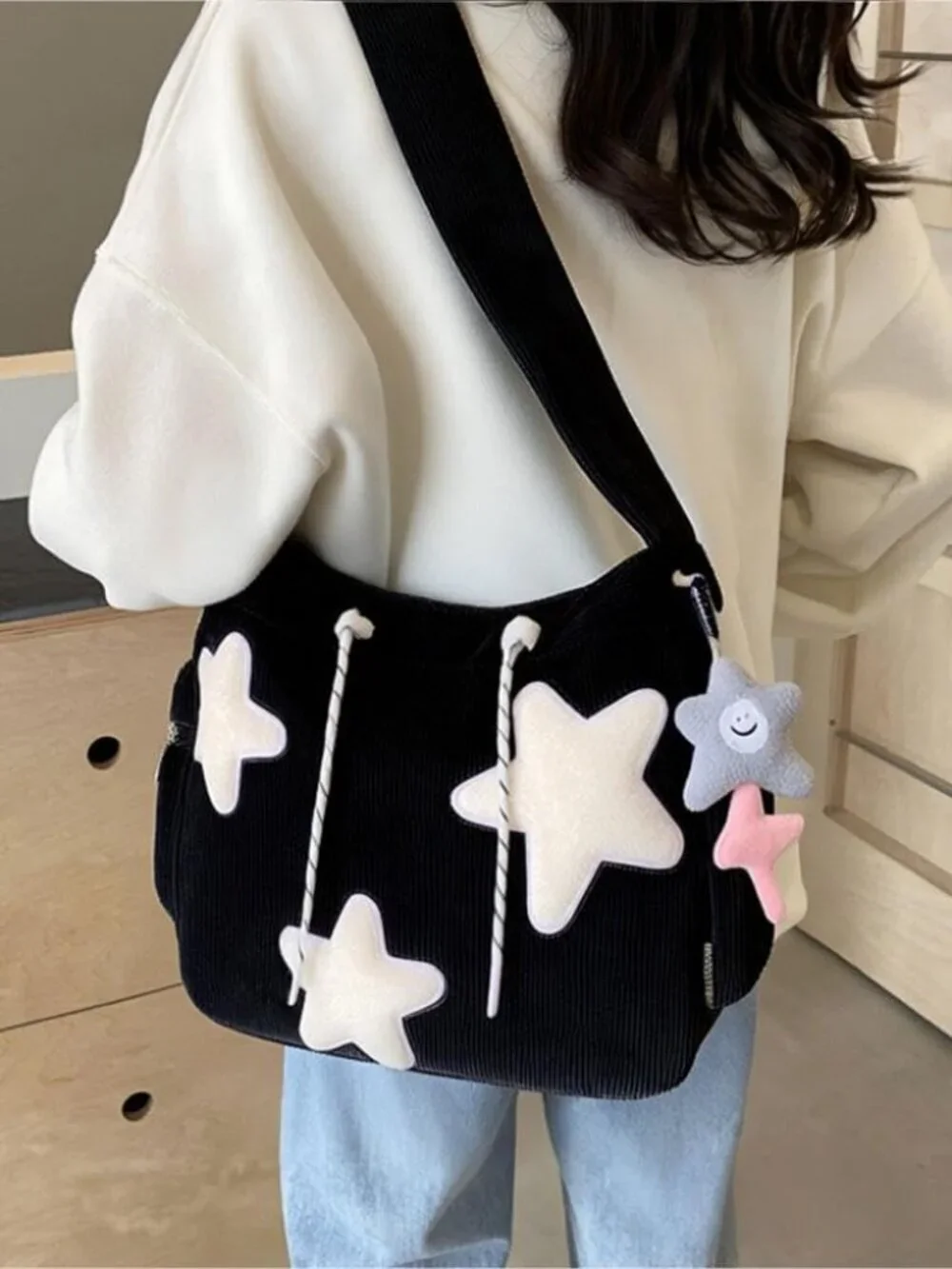 Women's Black Zipper Kawaii Corduroy Star Tote Crossbody Shoulder Bag